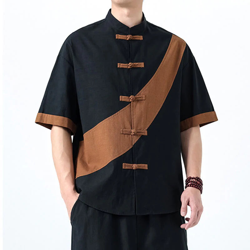 Buddha Stones Spring Color Contrast Chinese Frog-Button Design Men's Half Sleeve Cotton Linen Shirt