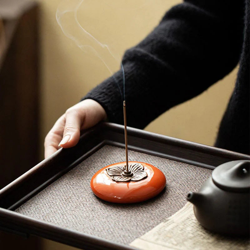 Buddha Stones Persimmon Ceramic Meditation Healing Incense Burner Incense Holders