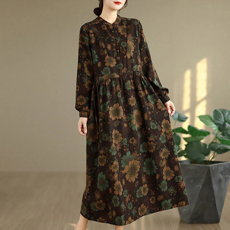 Buddha Stones Flower Pattern Long Sleeve Cotton Midi Dress With Pockets