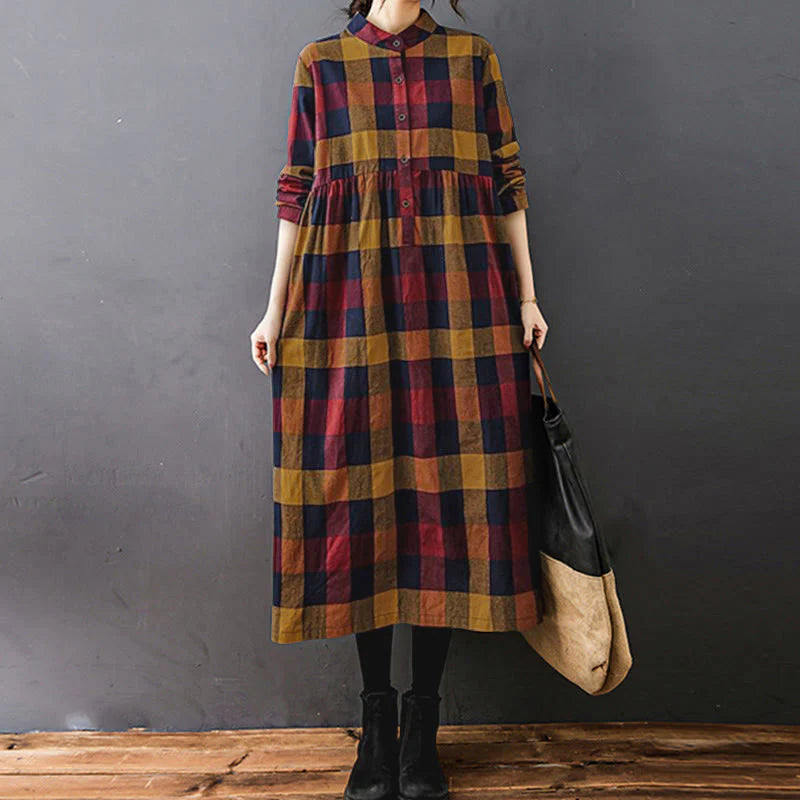 Buddha Stones Commute Patchwork Color Plaid Long Sleeve Cotton Midi Dress