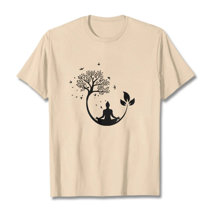 Buddha Stones Buddha Meditating In A Tree Pattern Cotton Tee T-shirt