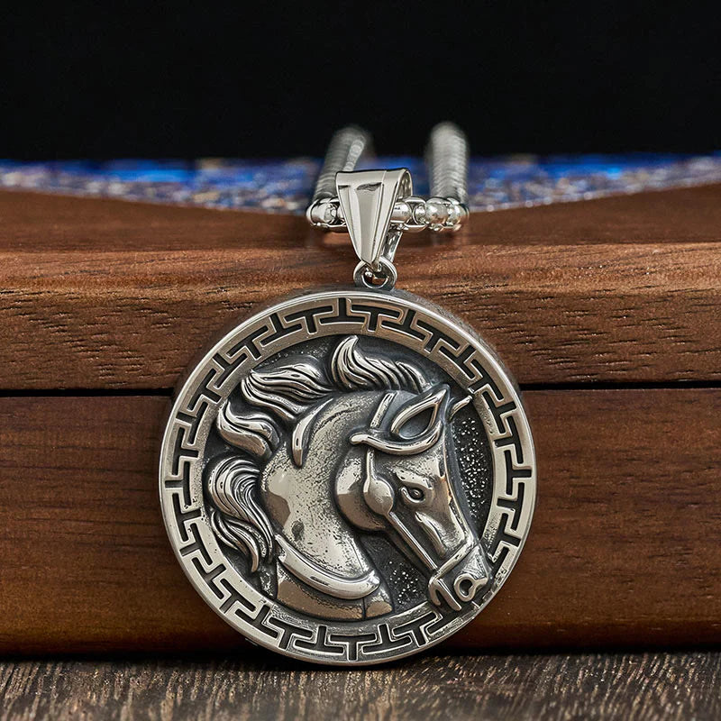 Buddha Stones Year Of The Horse Titanium Steel Balance Necklace Pendants