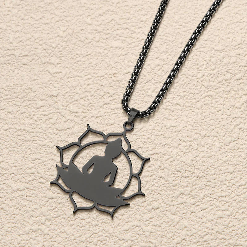 Buddha Stones Vintage Lotus Sitting Buddha Design Stainless Steel Enlightenment Necklace Pendant