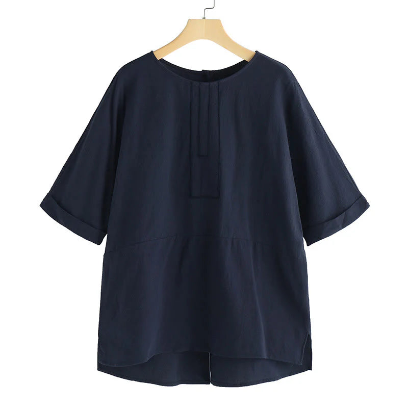 Buddha Stones Summer Casual Plain Half Sleeve Crew Neck Side Slit Women's T-Shirt