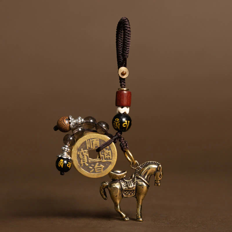 Buddha Stones Year Of The Horse Copper Brass Five-Emperor Coins Om Mani Padme Hum Protection Key Chain