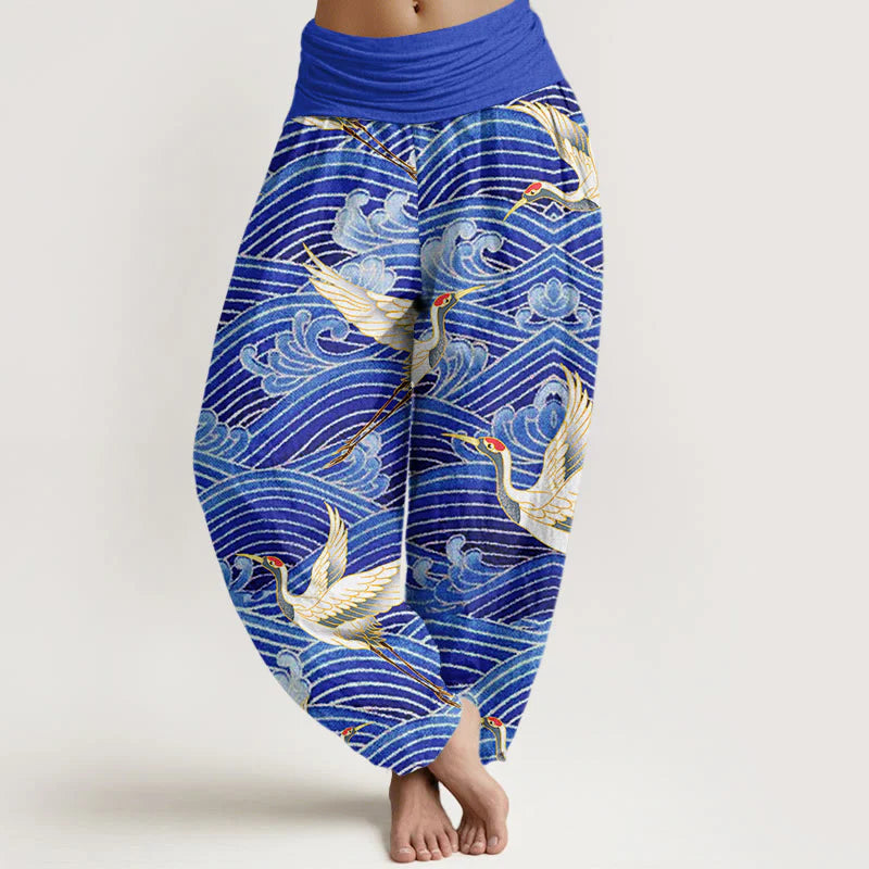 Buddha Stones Cotton Casual Crane Ocean Waves Pattern Elastic Waist Women's Harem Pants