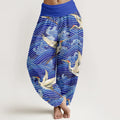 Buddha Stones Cotton Casual Crane Ocean Waves Pattern Elastic Waist Women's Harem Pants