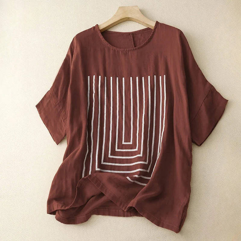 Buddha Stones Casual Line Printing Pattern Short Sleeve Cotton Linen Women's T-Shirt
