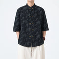 Buddha Stones Summer Bamboo Leaves Pattern Chinese Frog-Button Cotton Linen Short Sleeve Men's Shirt