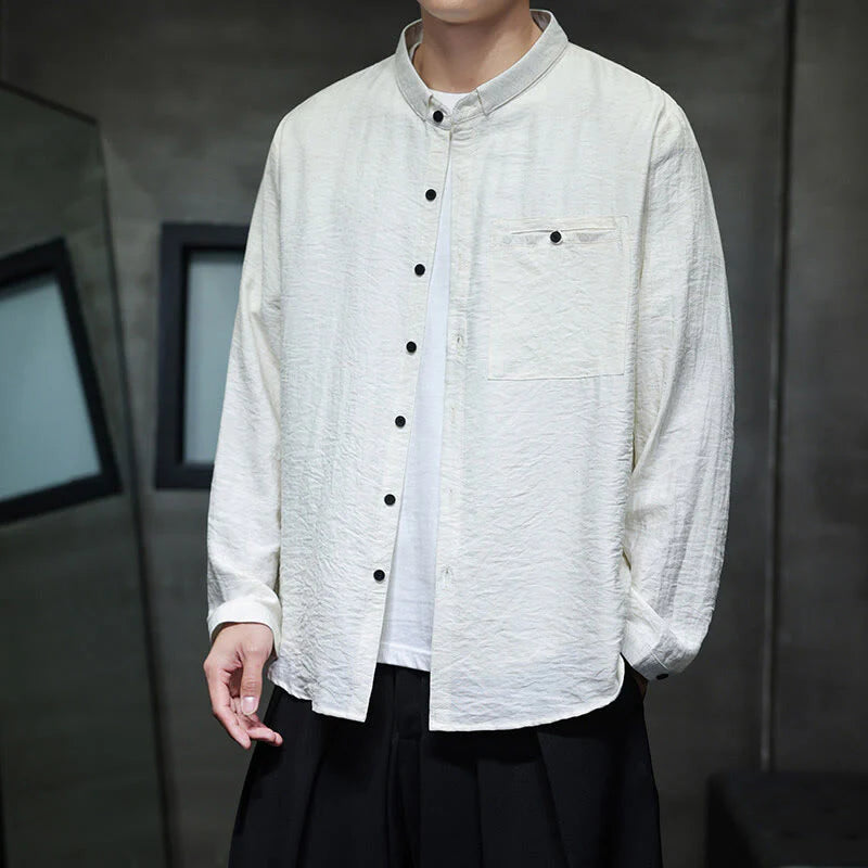 Buddha Stones Spring Men's Solid Color Buttons Design Long Sleeve Shirt