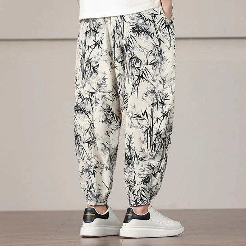 Buddha Stones Bamboo Leaf Pattern Drawstring Men's Harem Pants With Pockets
