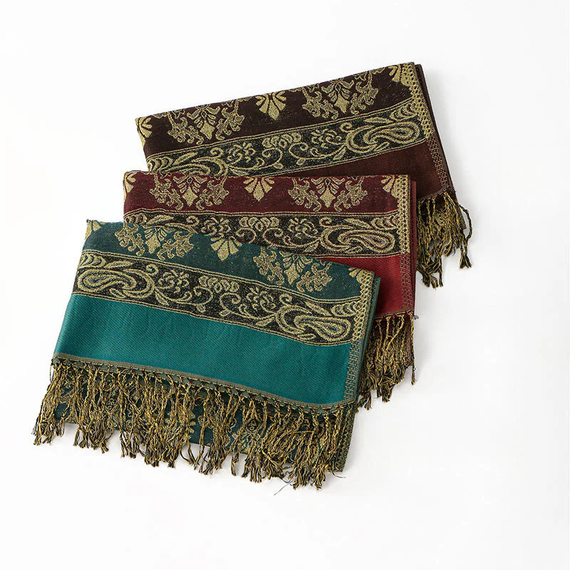 Buddha Stones Spring Golden Cashew Flower Geometric Pattern Tassel Cozy Scarf Shawl