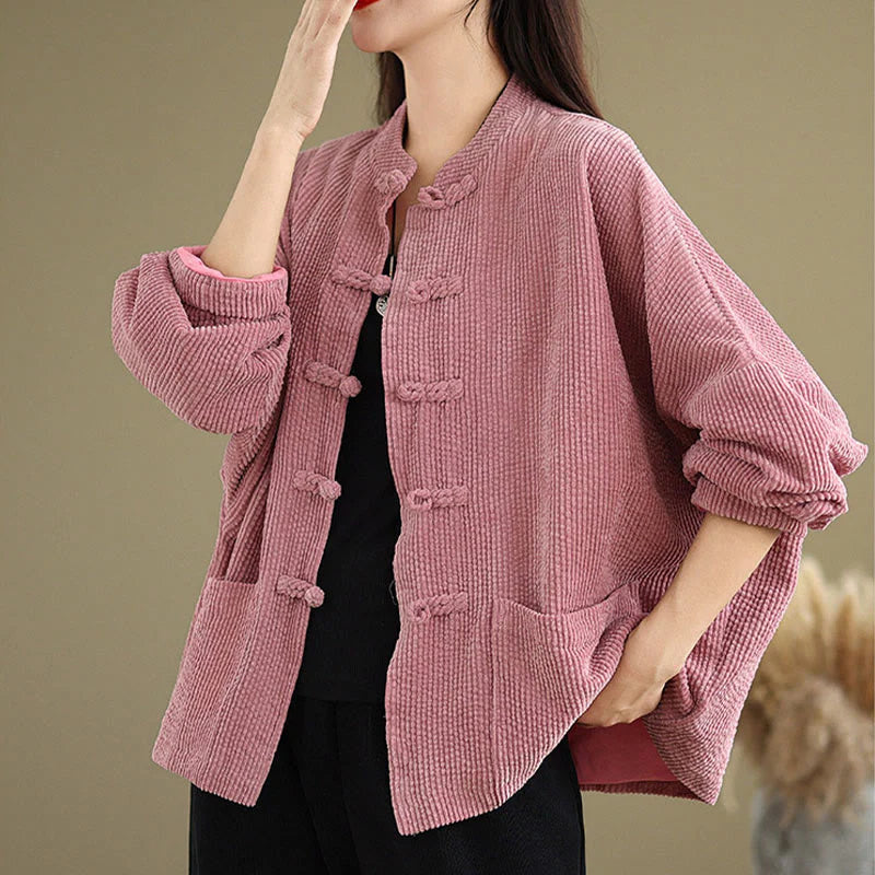 Buddha Stones Frog-button Stand Collar Women's Corduroy Jacket