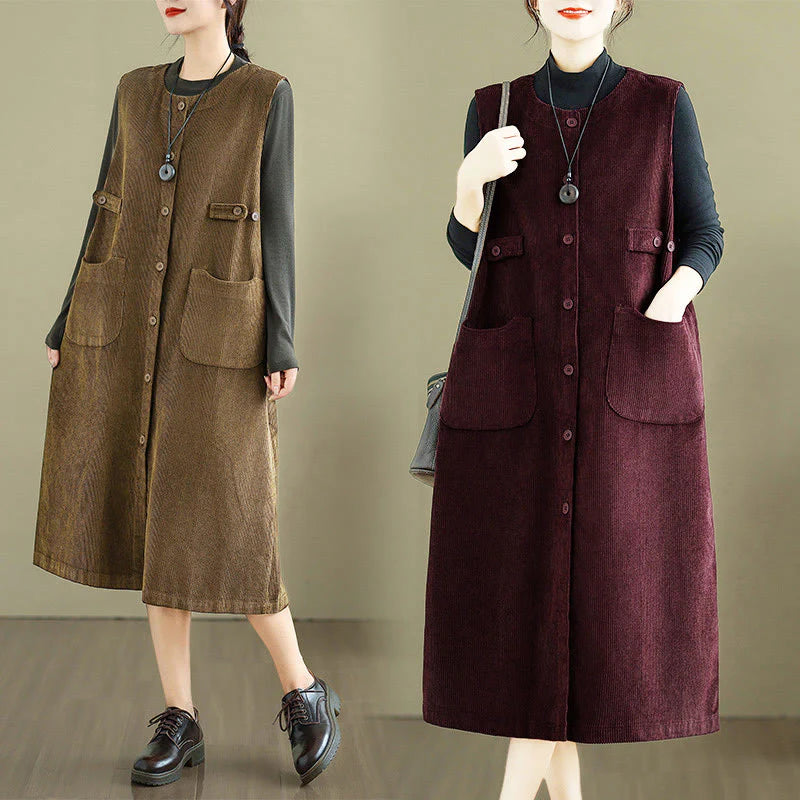 Buddha Stones Pure Colo Buttons Sleeveless Midi Dress With Pockets