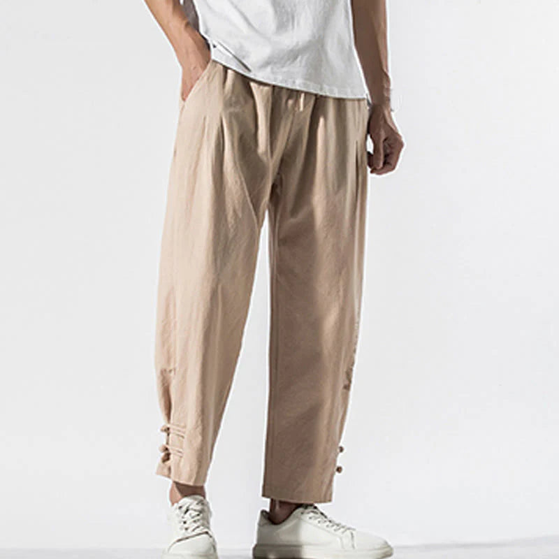Buddha Stones Summer Chinese Characters Embroidery Men's Cotton Linen Pants With Pockets