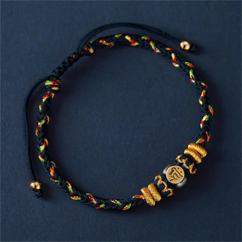Buddha Stones Chinese Zodiac Natal Buddha Silver Luck Braided String Bracelet