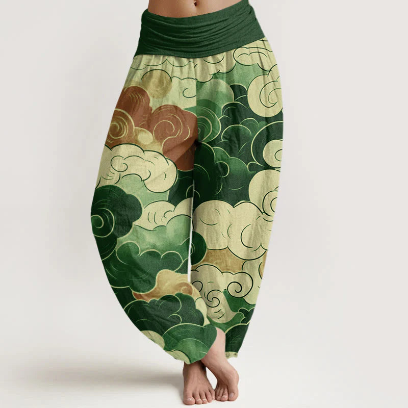 Buddha Stones Cotton Casual Auspicious Clouds Pattern Women's Elastic Waist Harem Pants