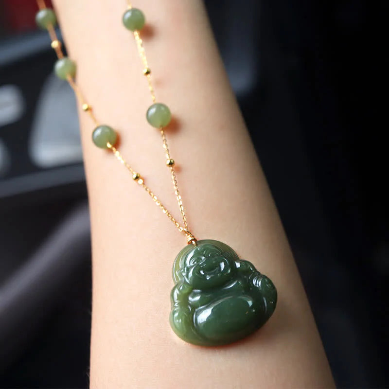 Buddha Stones Laughing Buddha Hetian Jade Luck Necklace Bead Chain Pendant