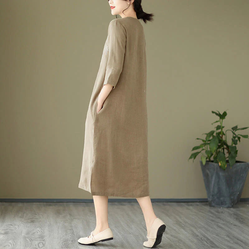 Buddha Stones Vintage Embroidery Three Quarter Sleeve Cotton Linen Midi Dress With Pockets