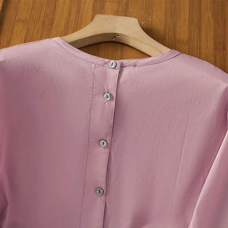 Buddha Stones Plain Lace Hem Single Breasted Button Cotton Linen Three Quarter Sleeve Women's Crew Neck Shirt