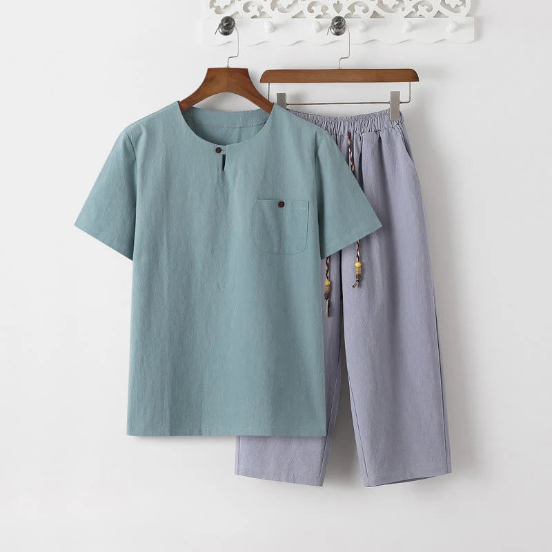 Buddha Stones Summer 2Pcs Plain Short Sleeve T-Shirt 7-8 Length Pants Cotton Linen Tang Suit Men's Meditation Cloth Set With Pockets