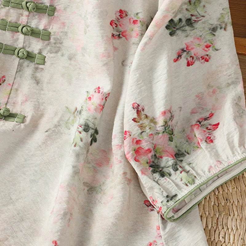 Buddha Stones Printing Floral Plain Chinese Frog-Button Women's Cotton Three Quarter Sleeve Shirt