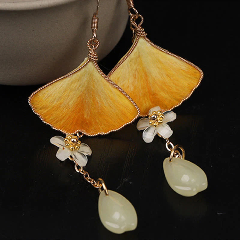 Buddha Stones Handmade Silk Craft Yellow Ginkgo Leaf Copper Hook Good Fortune Dangle Earrings