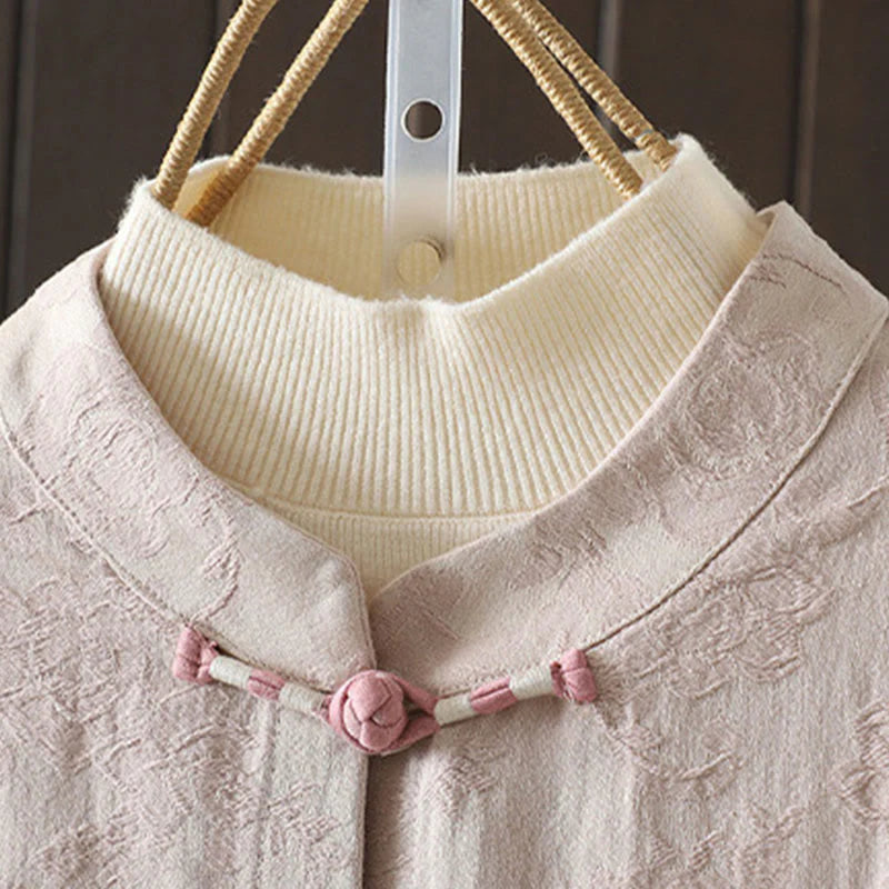 Buddha Stones Casual Women's Flower Pattern Long Sleeve Stand Collar Cotton Shirt