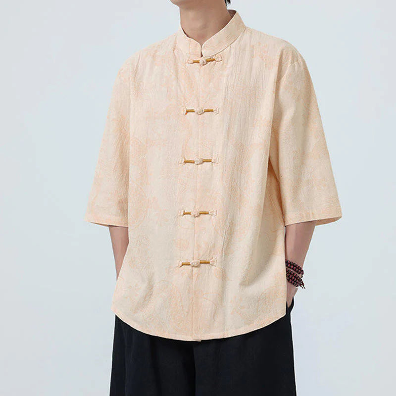 Buddha Stones Summer Dragon Auspicious Clouds Pattern Tang Suit Men's Frog-Button Half Sleeve Cotton Shirt