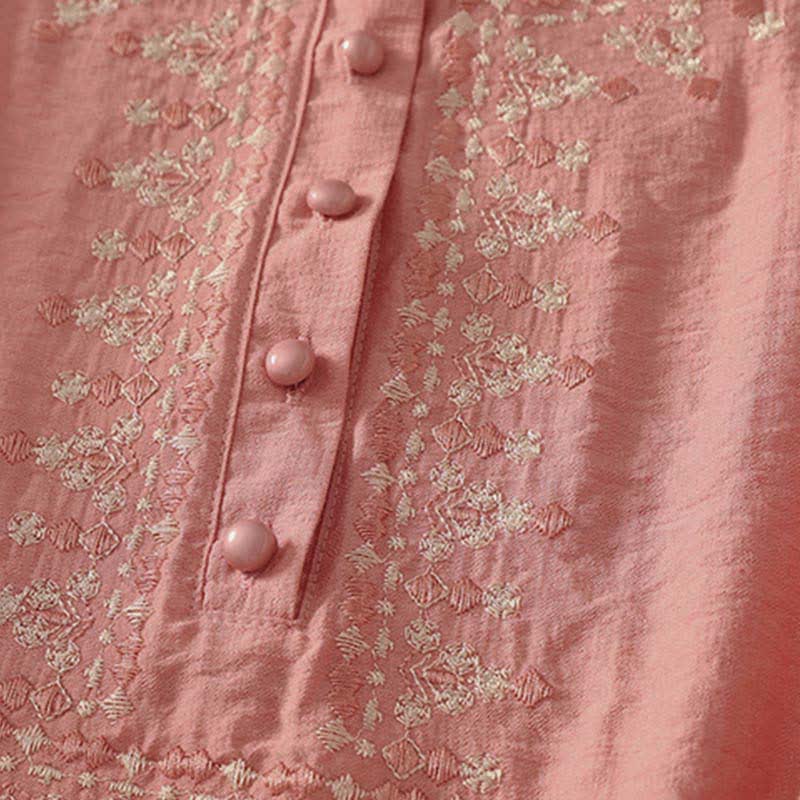 Buddha Stones Spring Embroidered Cotton Half Buttons Women's Short Sleeve Shirt