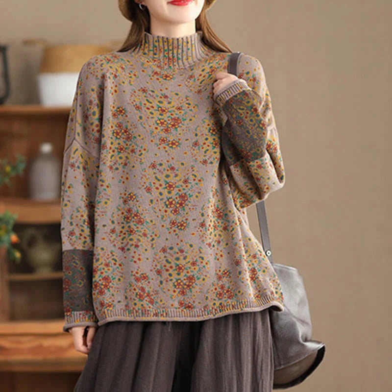 Buddha Stones Fall Printing Floral Long Sleeve Mock Neck Women's Knitted Cotton Sweater