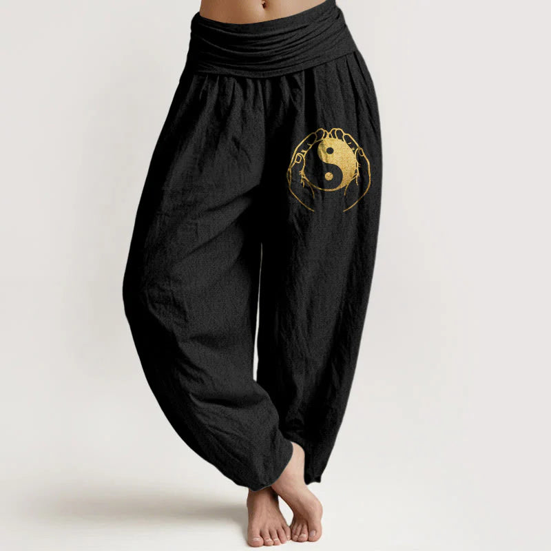 Buddha Stones Yin Yang Hand Pattern Women's Elastic Waist Harem Cotton Pants