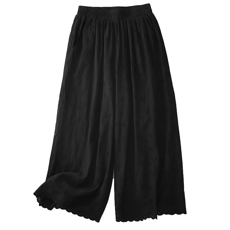 Buddha Stones Summer Vintage Embroidery Lace Hem Patchwork Design Women's Wide Leg Cotton Pants With Pockets