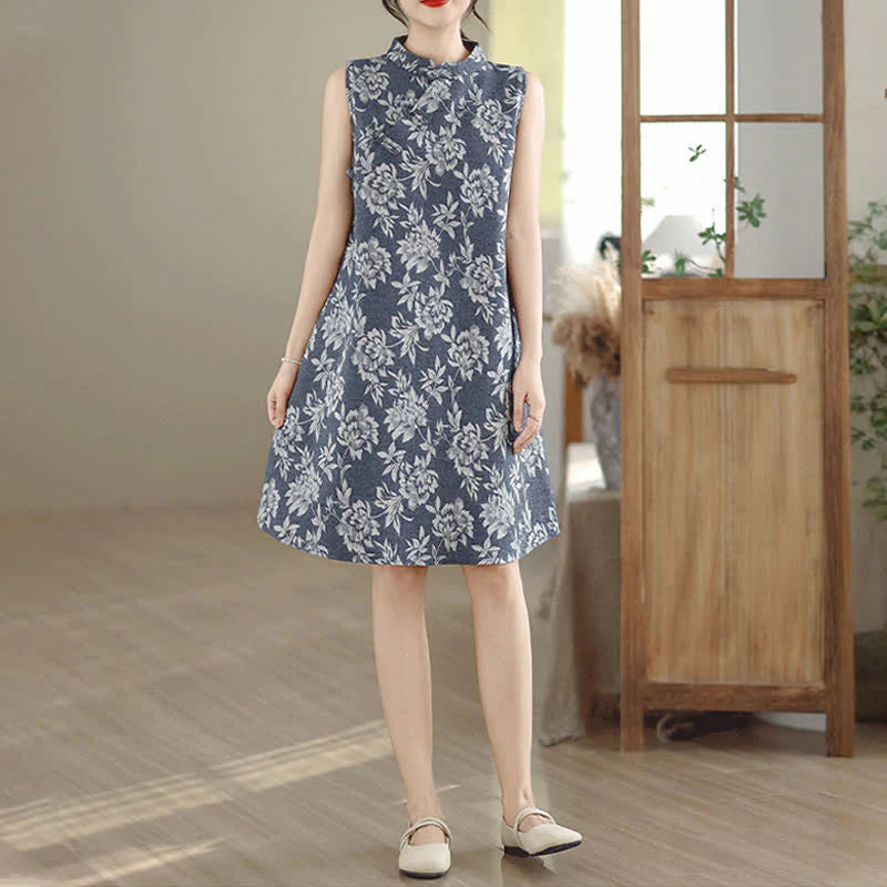 Buddha Stones Frog-button Mandarin Collar Floral Pattern Sleeveless Cotton Mini Dress With Pockets