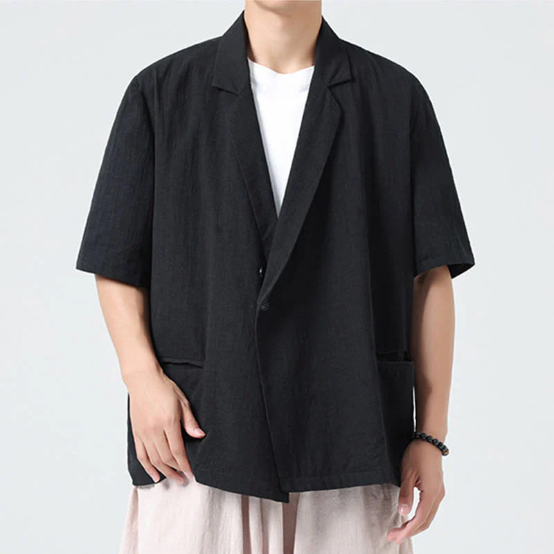 Buddha Stones Spring Plain Asymmetrical Lapel Collar Short Sleeve Men's Cotton Linen Shirt With Pockets