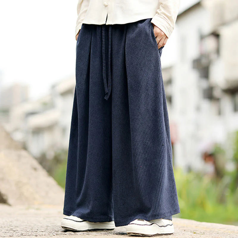 Buddha Stones Fall Solid Color Drawstring Design Men's Corduroy Wide Leg Pants With Pockets