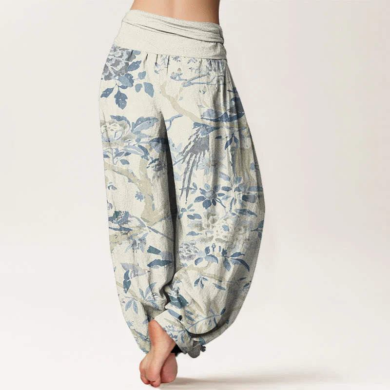 Buddha Stones Cotton Birds Branches Flowers Pattern Women's Elastic Waist Harem Pants