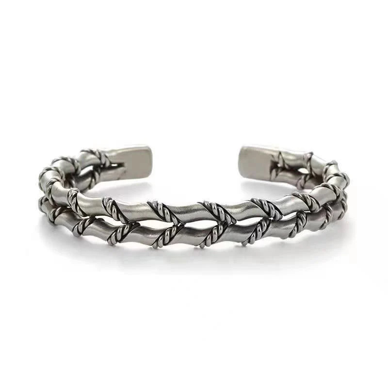 Buddha Stones Vintage Double Layer Bamboo Pattern Luck Cuff Bracelet Bangle