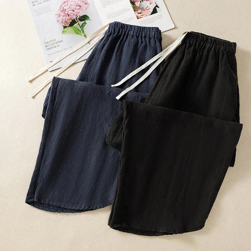 Buddha Stones Casual Plain Drawstring Design Women's Cotton 7-8 Length Pants With Pockets