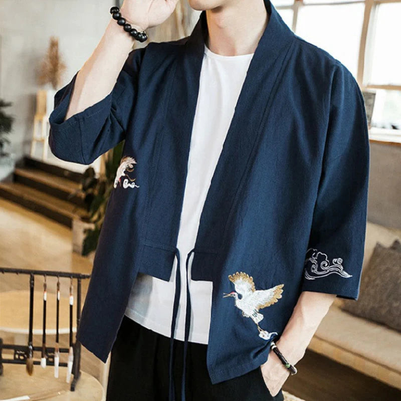 Buddha Stones Embroidery Open Front Jacket Cotton Linen Men's Three Quarter Sleeve Kimono
