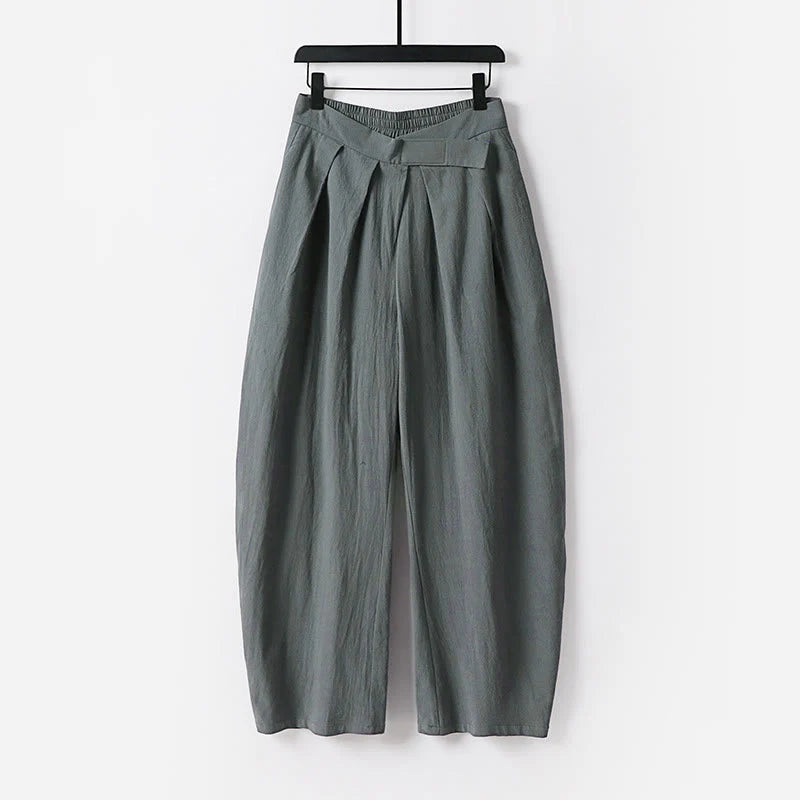 Buddha Stones Plain Straight Leg Zipper Design Men's Cotton Linen Pants With Pockets