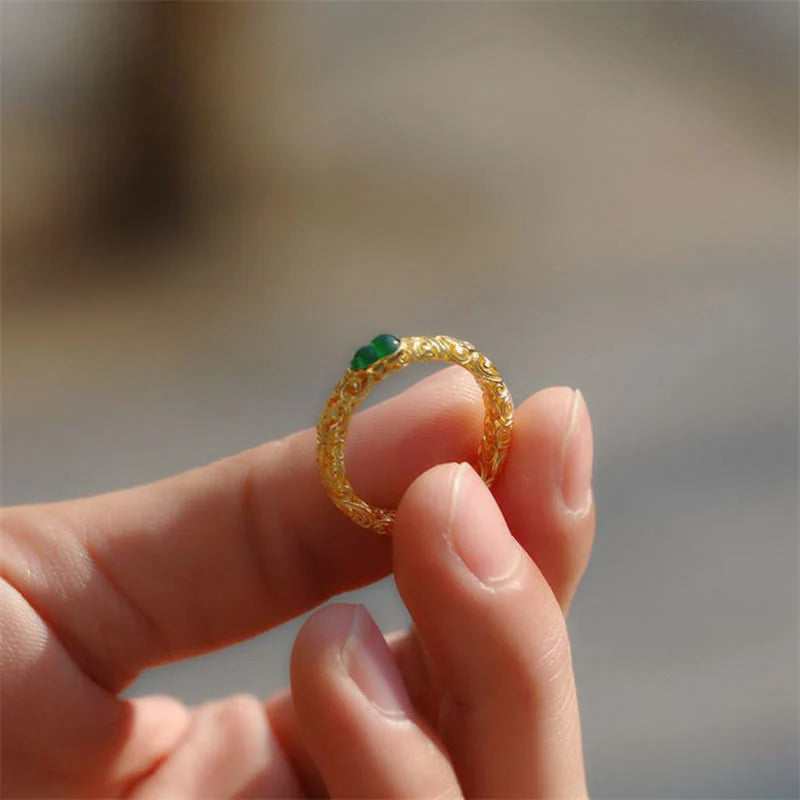 Buddha Stones Vintage Gourd Green Chalcedony Copper Alloy Wealth Ring