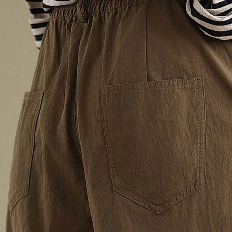 Buddha Stones Casual Solid Color One Top Button Elastic Waistband Women's Pants With Pockets