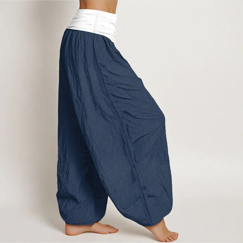 Buddha Stones Cotton Blue Black Gray Solid Color Women's Elastic Waist Harem Pants