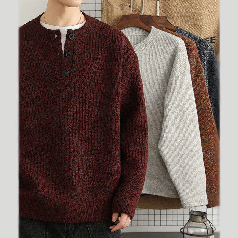 Buddha Stones Winter V-Neck Buttons Ribbed Design Warm Men's Long Sleeve Knitted Sweater