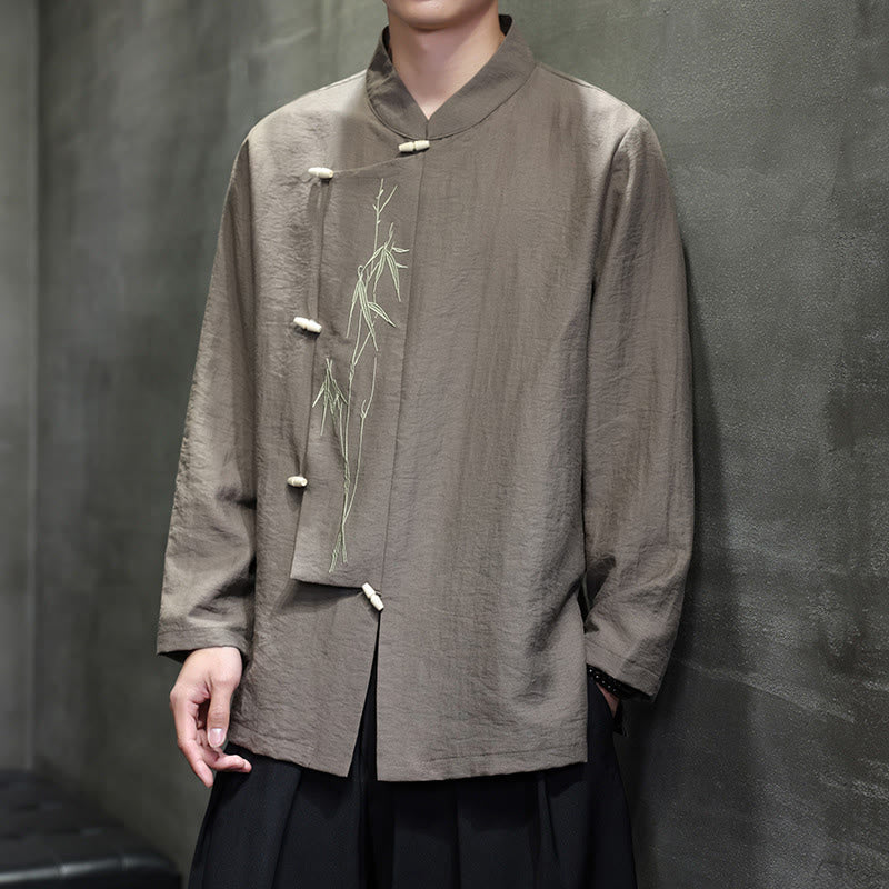 Buddha Stones Fall Solid Color Bamboo Leaf Embroidery Men's Long Sleeve Cotton Linen Shirt