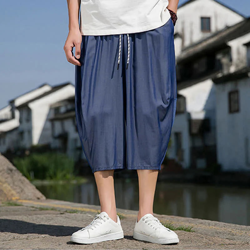 Buddha Stones Summer Elastic Waist Drawstring Solid Color Half Men's Tapered Pants With Pockets