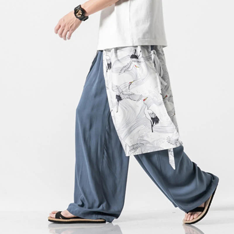 Buddha Stones Summer Flying Crane Design Cotton Men's Wide Leg Pants With Pockets