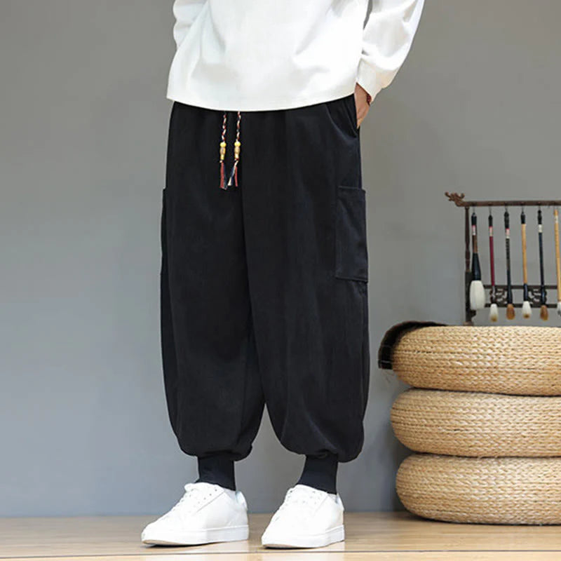 Buddha Stones Spring Solid Color Men's Ankle-Length Cotton Pants With Pockets