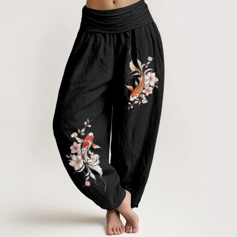Buddha Stones Cotton Koi Fish Pink Peach Blossoms Pattern Women's Elastic Waist Harem Pants